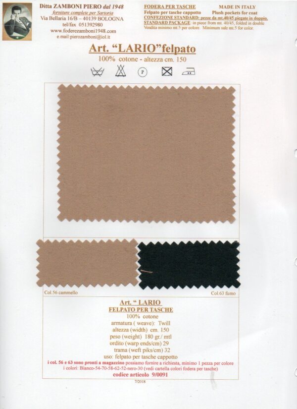 09/0091 art. LARIO Felpato tasche/150 cm ( plush pockets for coat )