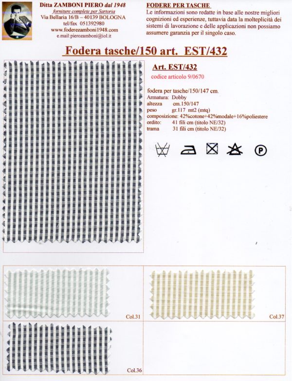 09/0670 Fodera tasche/150 cm. art. EST/432  vest canvas - immagine 2