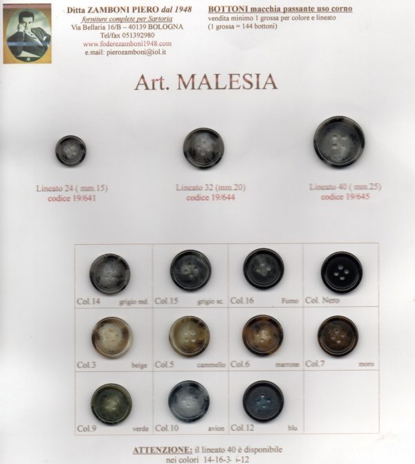 19/0645 Bottoni art. MALESIA lin.40 vendita a grossa (144 bottoni)